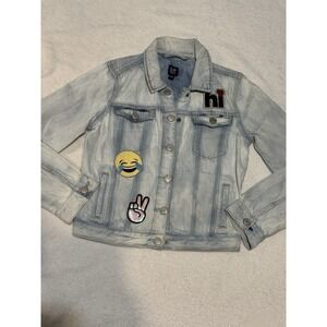 Gap Kids XL Emoji Patch Denim Jacket Light Wash Girl 12-13Y‎ Sequin Fun SPR18